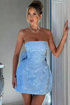 Chic Sleeveless Ruched Satin Floral Jacquard Mini Homecoming Dress with Bow by misshow.com