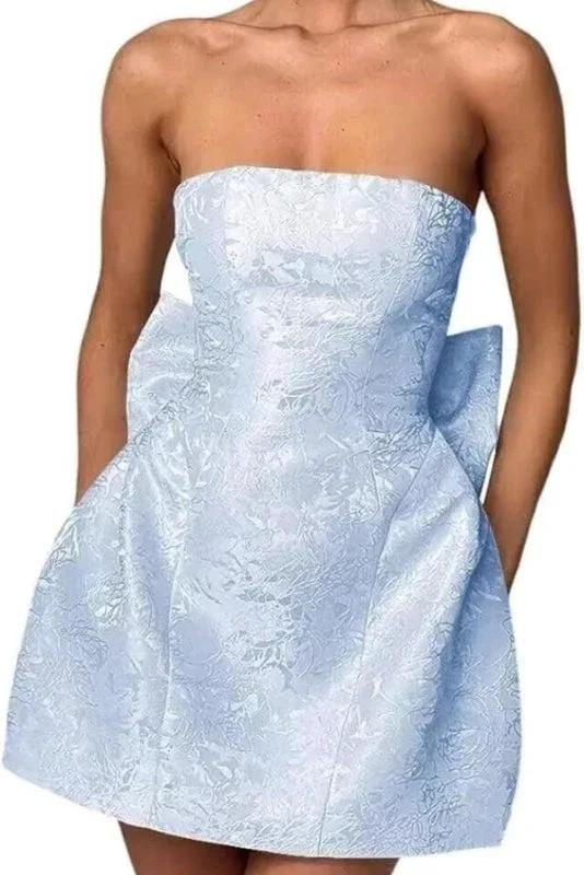Chic Sleeveless Ruched Satin Floral Jacquard Mini Homecoming Dress with Bow by misshow.com