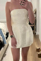 Chic Sleeveless Ruched Satin Floral Jacquard Mini Homecoming Dress with Bow by misshow.com