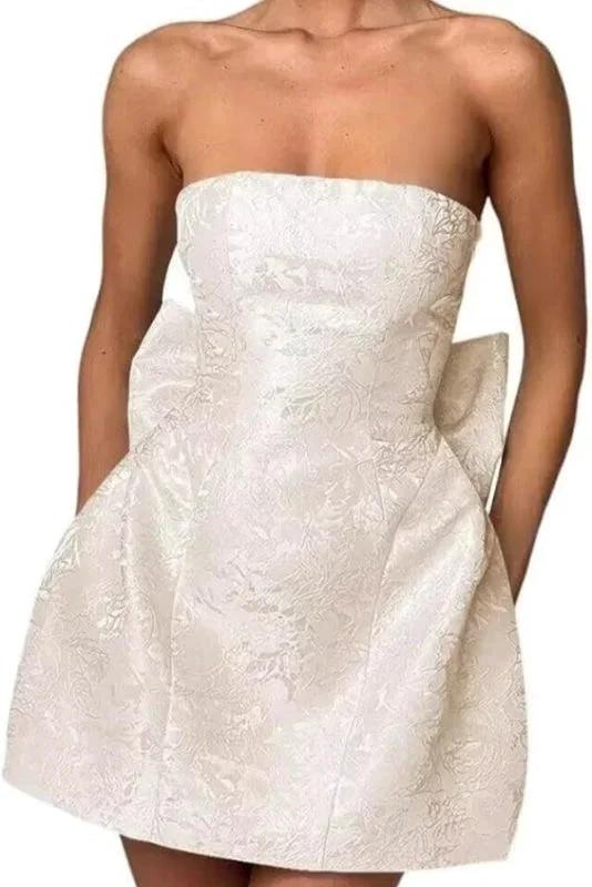 Chic Sleeveless Ruched Satin Floral Jacquard Mini Homecoming Dress with Bow by misshow.com