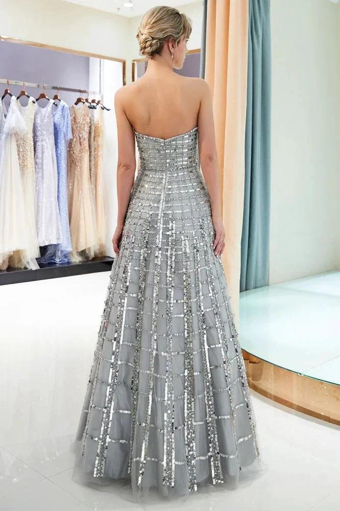 Strapless Sequined Chiffon Party Dress A-line Floor Length Prom Dress by misshow.com