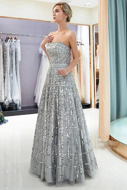 Strapless Sequined Chiffon Party Dress A-line Floor Length Prom Dress by misshow.com