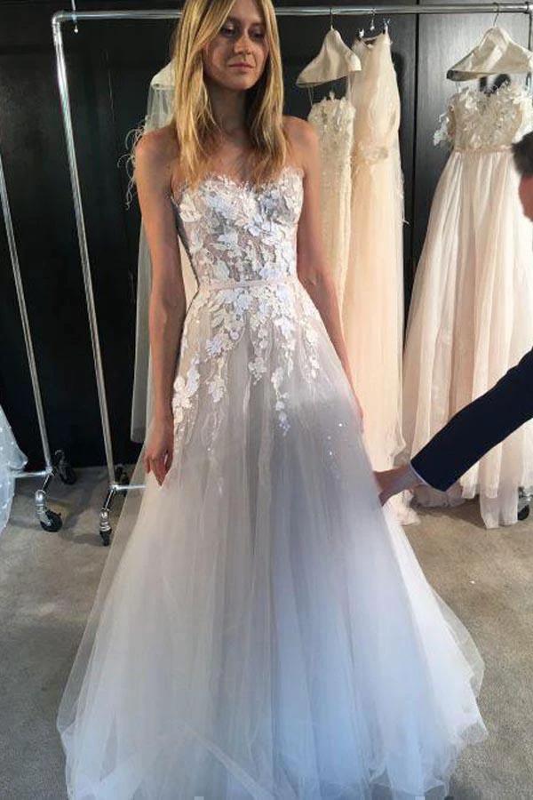 Strapless Sexy See Through Tulle Wedding Dresses with Sweetheart Neck WD352 by pgmdress