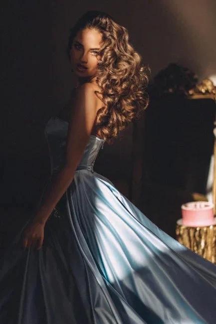 Strapless Sleeveless A-Line Satin Floor-Length Prom Dresses with Ruffles by misshow.com