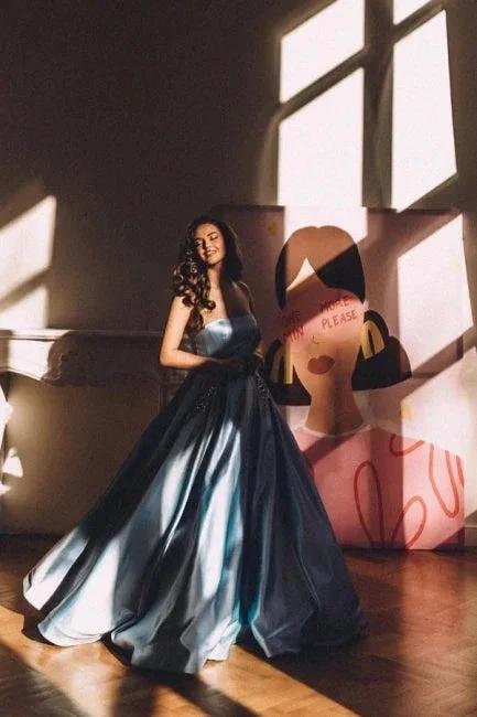 Strapless Sleeveless A-Line Satin Floor-Length Prom Dresses with Ruffles by misshow.com