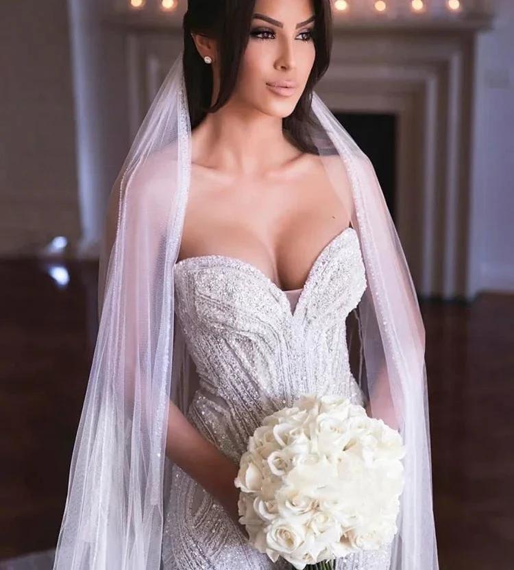 Strapless Sweetheart Beads Mermaid Wedding Dress Appliques Tulle Bridal Wears by misshow.com