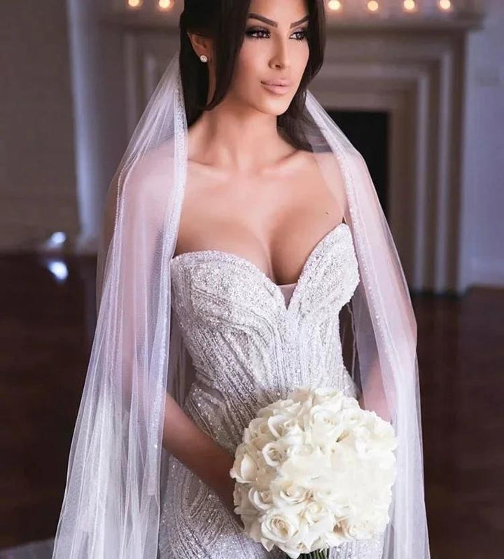 Strapless Sweetheart Beads Mermaid Wedding Dress Appliques Tulle Bridal Wears by misshow.com