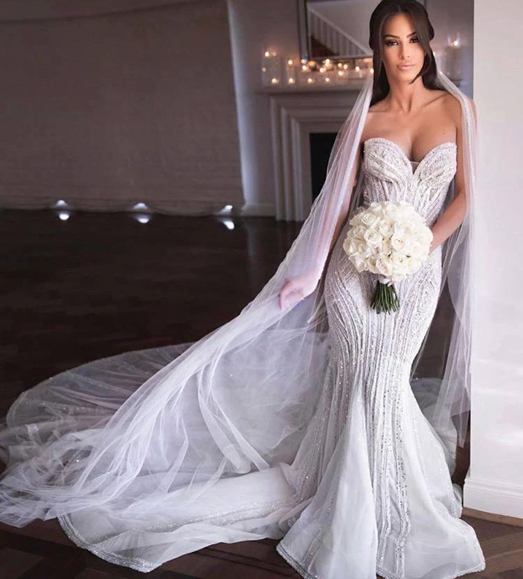 Strapless Sweetheart Beads Mermaid Wedding Dress Appliques Tulle Bridal Wears by misshow.com