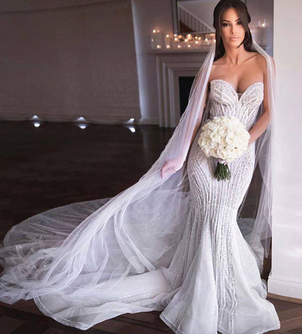 Strapless Sweetheart Beads Mermaid Wedding Dress Appliques Tulle Bridal Wears