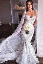 Strapless Sweetheart Beads Mermaid Wedding Dress Appliques Tulle Bridal Wears by misshow.com