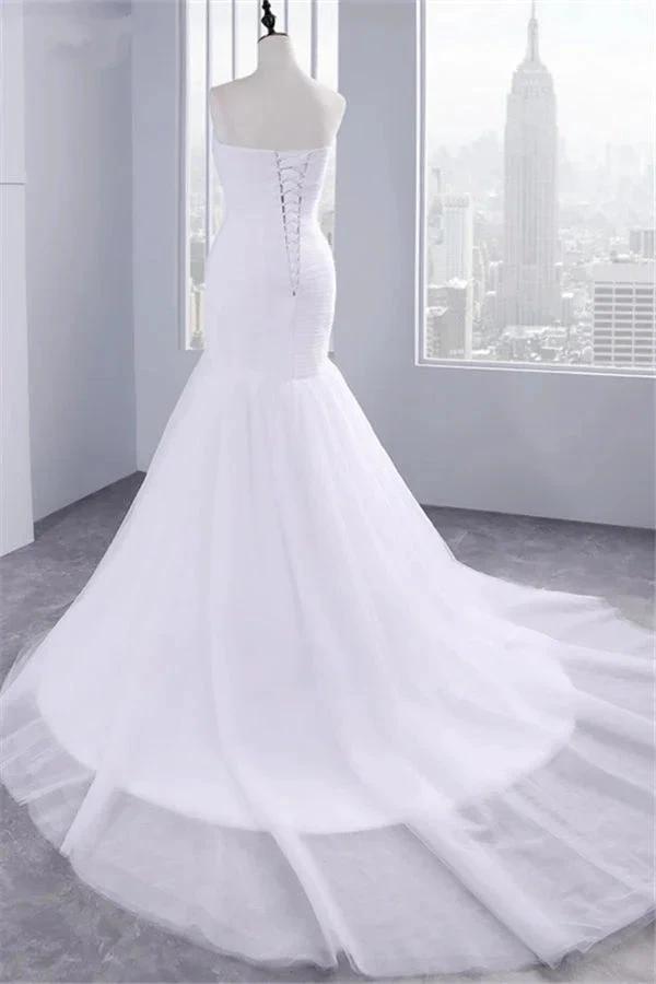 Strapless Sweetheart Mermaid Wedding Dress Lace Ruffless Tulle Bridal Wears by misshow.com