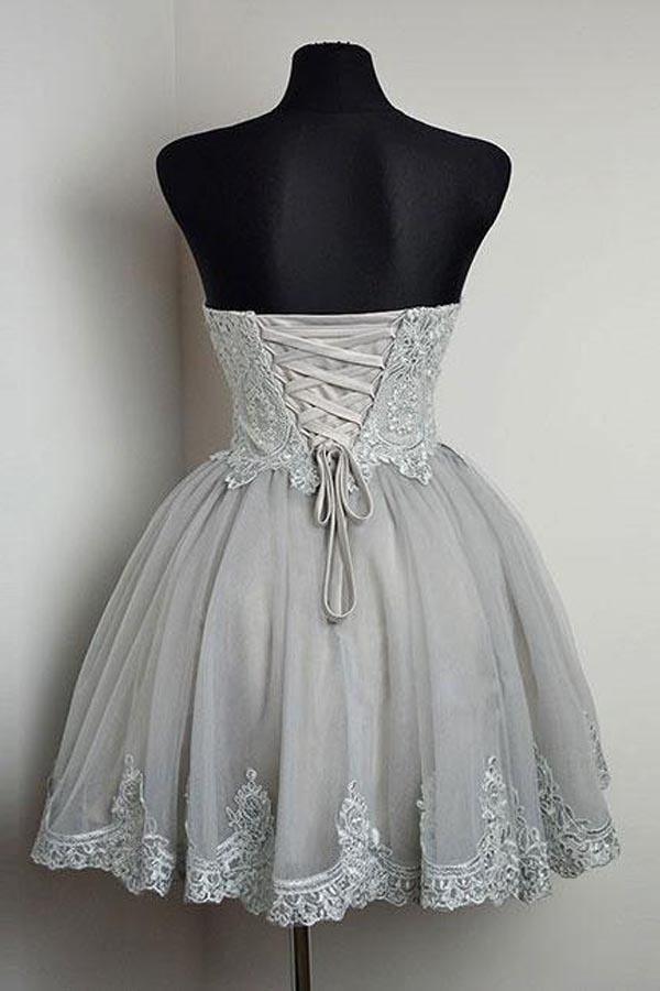 Strapless Sweetheart Neck Grey Homecoming Dresses Lace Appliqued PD169 Main Image