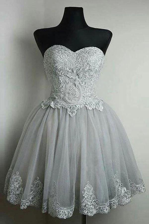 Strapless Sweetheart Neck Grey Homecoming Dresses Lace Appliqued PD169 by pgmdress