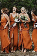Straps A-Line V-Neck Orange Chiffon Bridesmaid Dress with Split BD064 by pgmdress