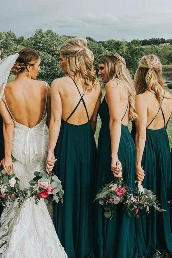 Straps Dark Green Long Bridesmaid Dress with Criss Cross Back BD076 by pgmdress