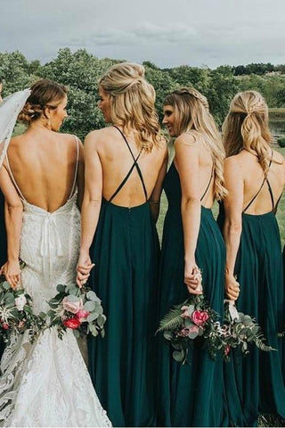 Straps Dark Green Long Bridesmaid Dress with Criss Cross Back  BD076