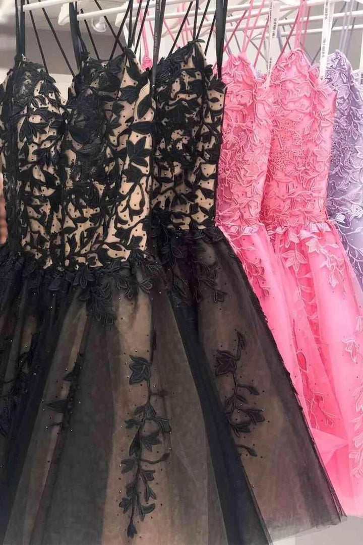 Straps Lace Applique Blue Homecoming Dress Short Prom Dress PD424 by pgmdress