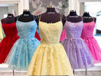 Straps Lace Applique Blue Homecoming Dress Short Prom Dress PD424 by pgmdress