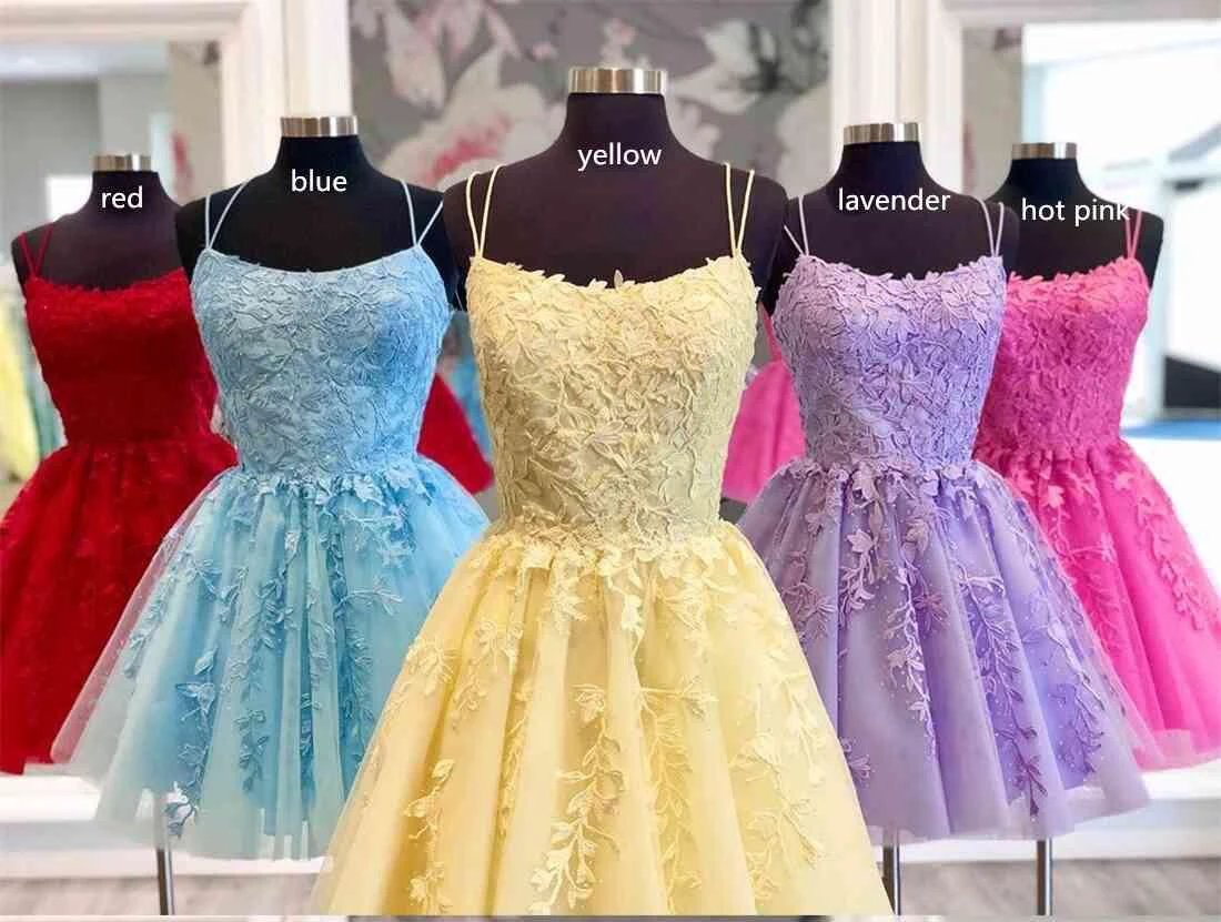 Straps Lace Applique Blue Homecoming Dress Short Prom Dress PD424 by pgmdress