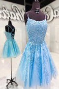 Straps Lace Applique Blue Homecoming Dress Short Prom Dress PD424 by pgmdress