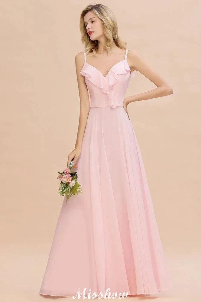 Straps Sweetheart Pink Bridesmaid Dress Backless Chiffon Evening Party Dress by misshow.com