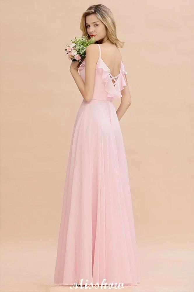 Straps Sweetheart Pink Bridesmaid Dress Backless Chiffon Evening Party Dress by misshow.com