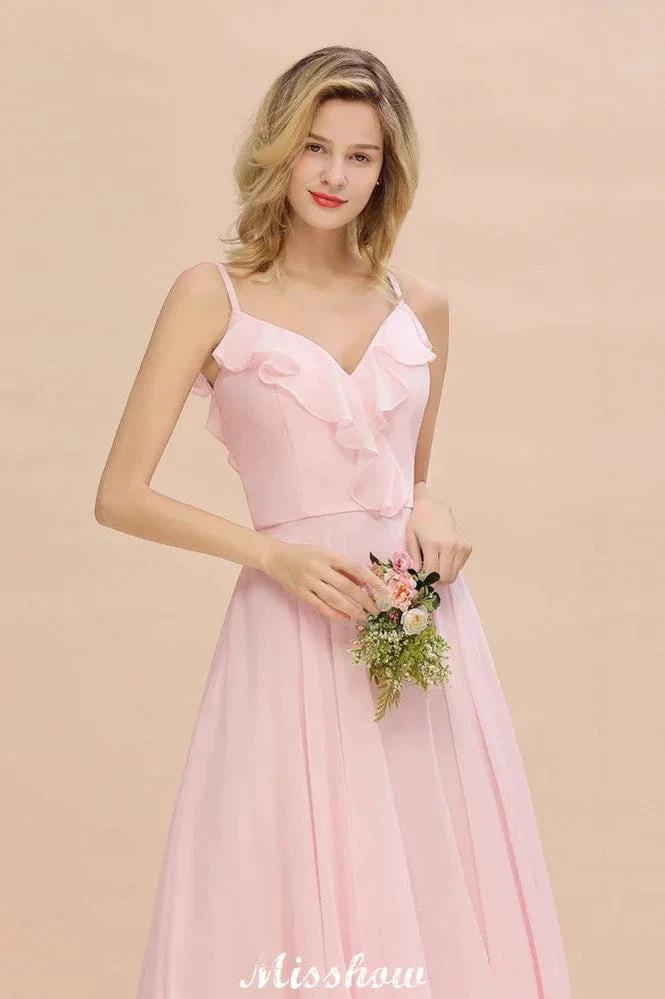 Straps Sweetheart Pink Bridesmaid Dress Backless Chiffon Evening Party Dress by misshow.com