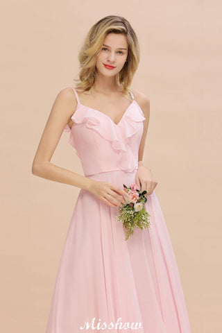 Vestido de dama de honor rosa con tirantes y escote corazón, de gasa, sin espalda, para fiesta de noche