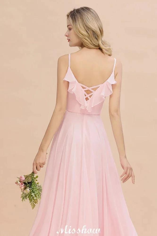 Straps Sweetheart Pink Bridesmaid Dress Backless Chiffon Evening Party Dress by misshow.com