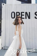 Straps Tulle White Lace Beach Wedding DressesWith Little Court Train WD086 by pgmdress