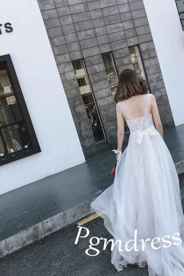 Straps Tulle White Lace Beach Wedding DressesWith Little Court Train WD086 by pgmdress