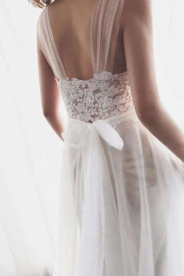 Straps Tulle White Lace Beach Wedding DressesWith Little Court Train WD086 by pgmdress