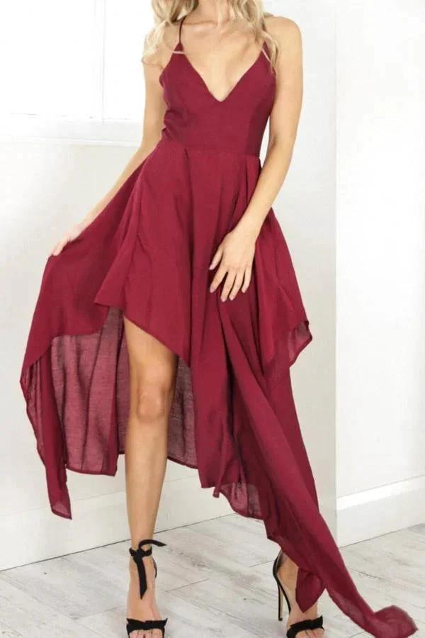 Straps V Neck Burgundy High Low Party Dress Homecoming Dresses PD310 by pgmdress