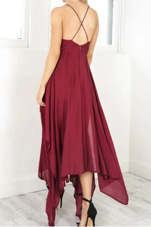 Straps V Neck Burgundy High Low Party Dress Homecoming Dresses PD310 by pgmdress