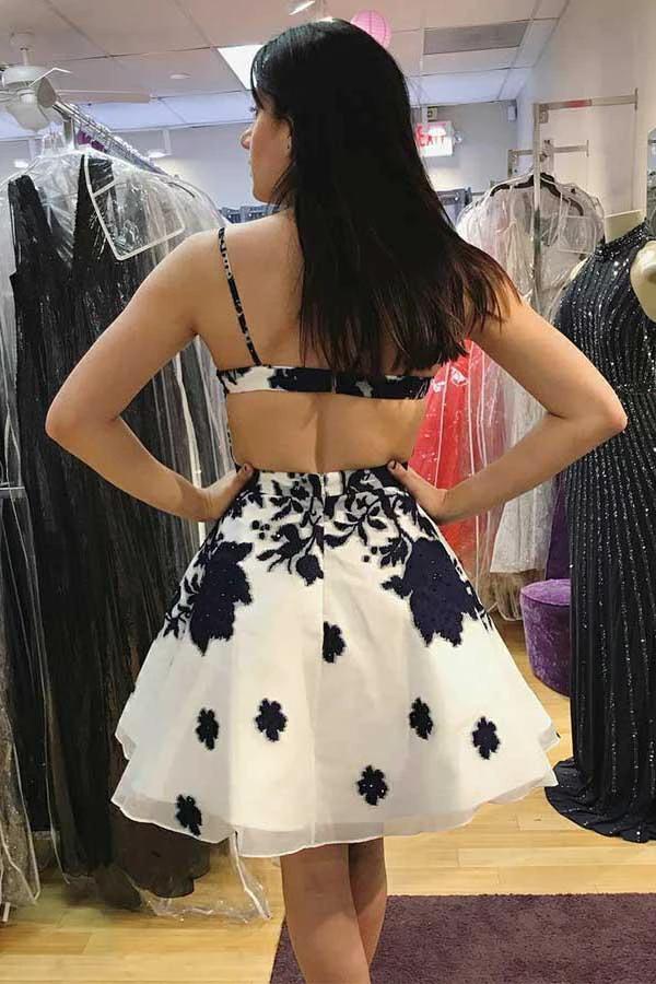Straps White Organza Homecoming Dress with Lace Appliques PD031 by pgmdress