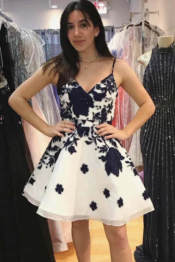 Straps White Organza Homecoming Dress with Lace Appliques PD031 by pgmdress