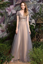 Striking Aline Long Evening Dress Quincenera Swing Dress Short Sleeves by misshow.com
