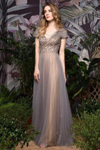 Striking Aline Long Evening Dress Quincenera Swing Dress Short Sleeves by misshow.com