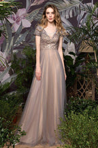 Striking Aline Long Evening Dress Quincenera Swing Dress Short Sleeves by misshow.com
