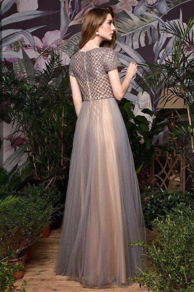 Striking Aline Long Evening Dress Quincenera Swing Dress Short Sleeves by misshow.com