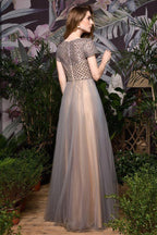 Striking Aline Long Evening Dress Quincenera Swing Dress Short Sleeves by misshow.com