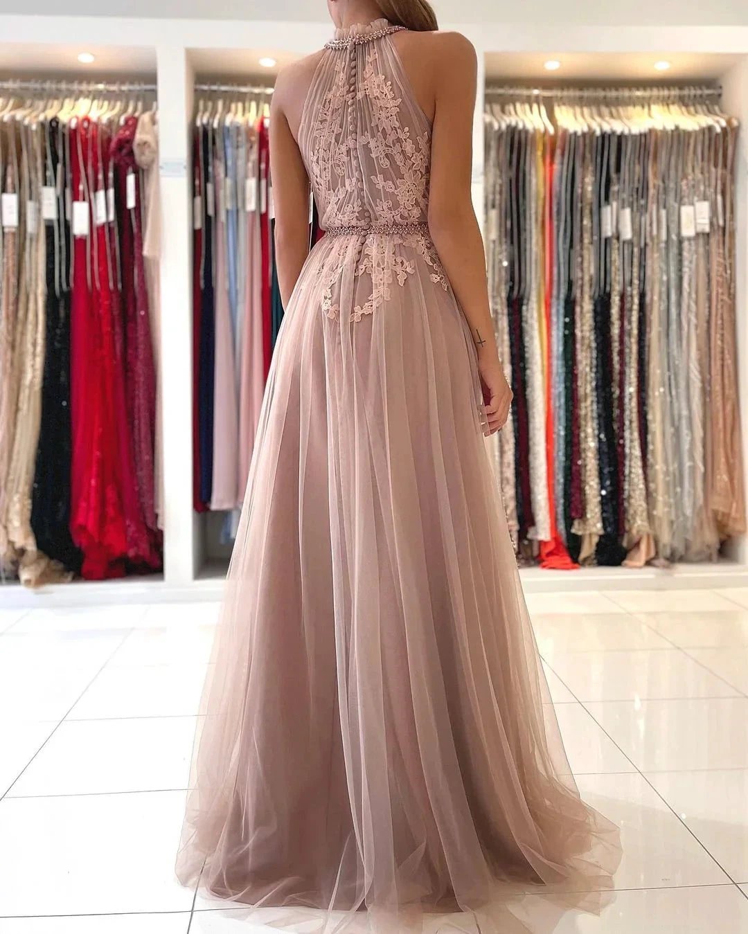 Stunning A-line High Neck Tulle Long Formal Prom Dress with Lace Appliques by BIZTUNNEL