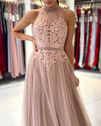 Stunning A-line High Neck Tulle Long Formal Prom Dress with Lace Appliques by BIZTUNNEL