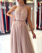 Stunning A-line High Neck Tulle Long Formal Prom Dress with Lace Appliques by BIZTUNNEL
