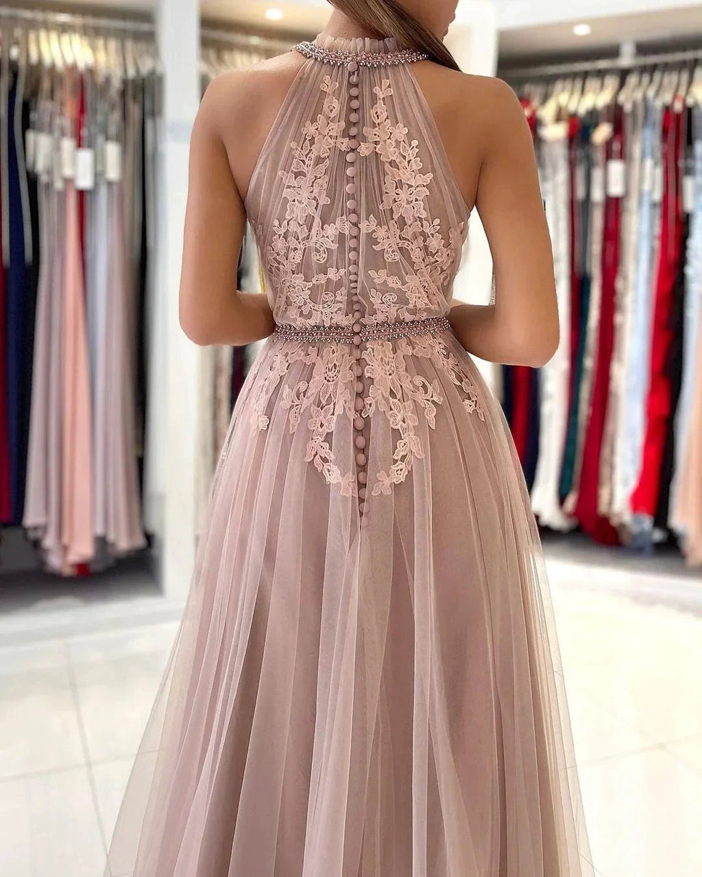 Stunning A-line High Neck Tulle Long Formal Prom Dress with Lace Appliques by BIZTUNNEL