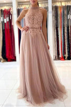 Stunning A-line High Neck Tulle Long Formal Prom Dress with Lace Appliques by BIZTUNNEL