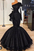 Stunning Black Glitter Mermaid Prom Dress Long Sleeves with Floral Lace Slim Party Dress by misshow.com