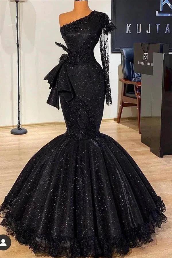 Stunning Black Glitter Mermaid Prom Dress Long Sleeves with Floral Lace Slim Party Dress by misshow.com