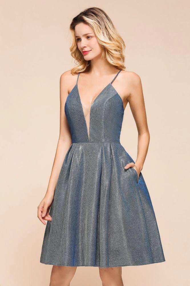 Stunning Double V-Neck Bright Silk Mini Party Dress Sleeveless Homecoming Dress by misshow.com