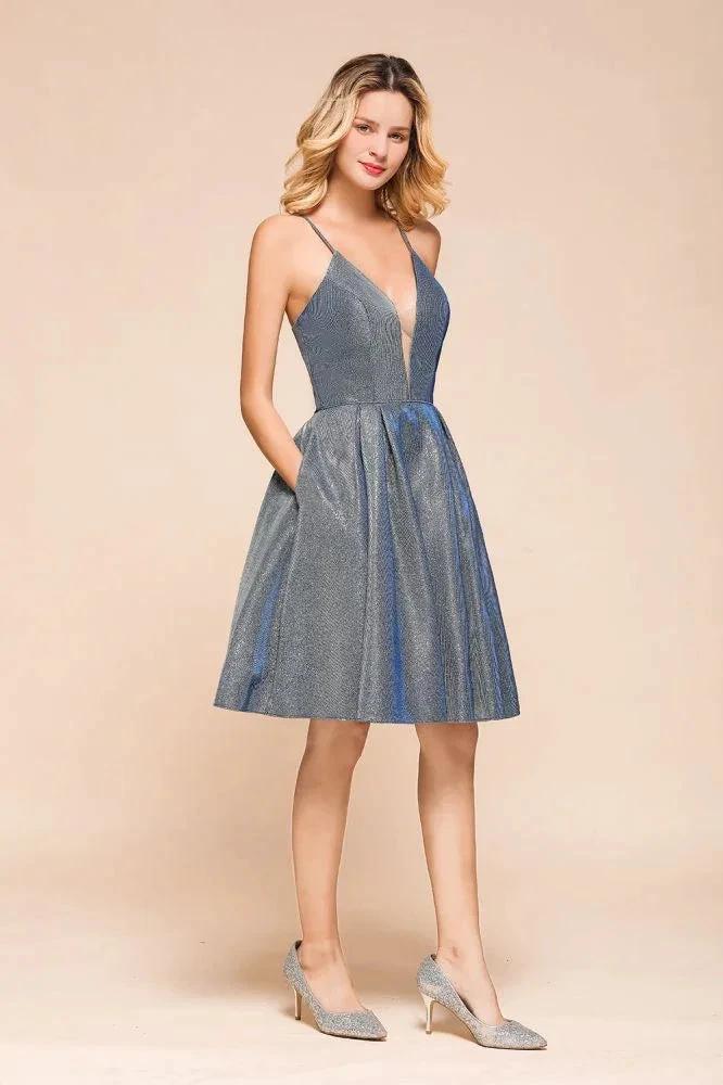 Stunning Double V-Neck Bright Silk Mini Party Dress Sleeveless Homecoming Dress by misshow.com